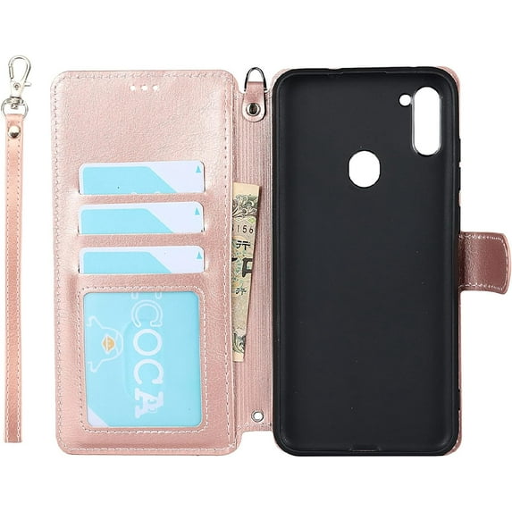 Wallet Case for Samsung Galaxy A11 with Card Holder Slots,Kickstand Phone Cover Premium Leather Magnetic Closure Slim Flip Shockproof Wrist Strap Case for Samsung Galaxy A11 6.4",Rosegold