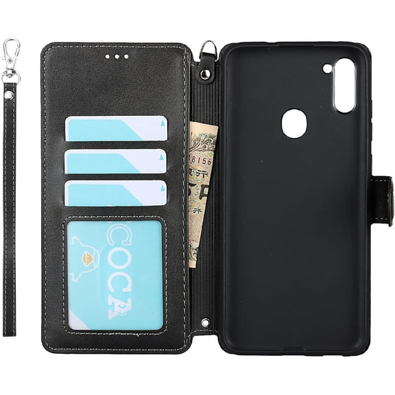 Wallet Case for Samsung Galaxy A11 with Card Holder Slots,Kickstand Phone Cover Premium Leather Magnetic Closure Slim Flip Shockproof Wrist Strap Case for Samsung Galaxy A11 6.4",Black