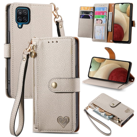 Wallet Case for Samsung Galaxy A12 5G Women Men, Durable PU Leather Magnetic Flip Lanyard Strap Wristlet Zipper Card Holder Kickstand Wallet Phone Case Cover Full Body Protection, Gray