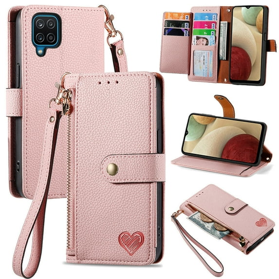 Wallet Case for Samsung Galaxy A12 5G Women Men, Durable PU Leather Magnetic Flip Lanyard Strap Wristlet Zipper Card Holder Kickstand Wallet Phone Case Cover Full Body Protection, Pink