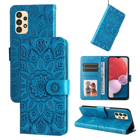 Wallet Case for Samsung Galaxy A13 4G Flower Embossed Pattern Purse Case, PU Leather Flip Cover with Card Holder and Kickstand, Silicone Full Body Shockproof Magnetic Clasp Protection Case, Blue