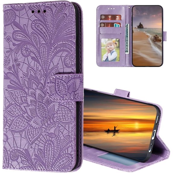 Wallet Case for Samsung Galaxy A13 4G (Not 5G), Classic Lace Flower Pattern Shockproof PU Leather Magnetic Buckle Case with Cash Card Slots Cover for Samsung Galaxy A13 4G LSH Purple
