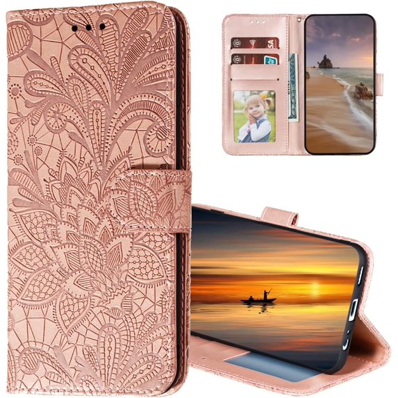 Wallet Case for Samsung Galaxy A13 4G (Not 5G), Classic Lace Flower Pattern Shockproof PU Leather Magnetic Buckle Case with Cash Card Slots Cover for Samsung Galaxy A13 4G LSH Rose Gold