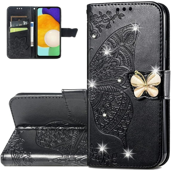 Wallet Case for Samsung Galaxy A13 5G,3D Butterfly Pattern PU Leather Case with Strong Magnetic Clasp and Cash Card Slots Holder Cover for Samsung Galaxy A13 5G HZD Rhinestone Black