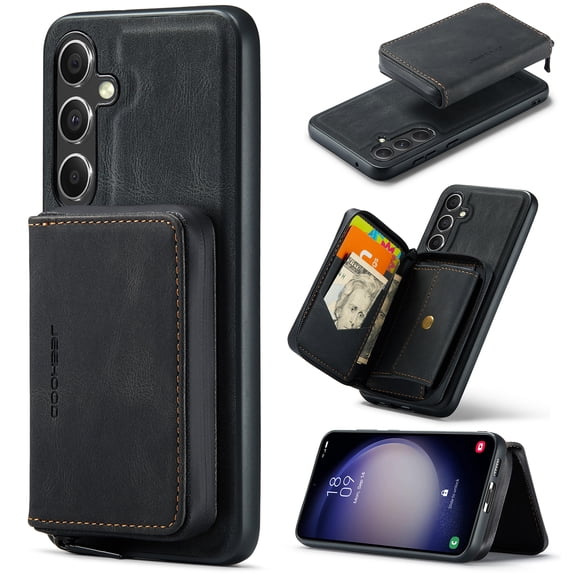Wallet Case for Samsung Galaxy A13 5G, Removeable Zipper Pocket Back Case with Card Holder, PU Leather Drop Protective Cover Case with Kickstand for Samsung Galaxy A13 5G, Black