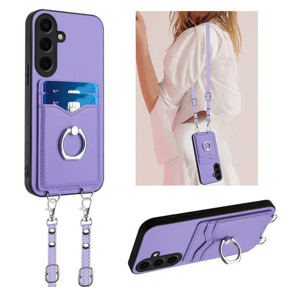 Wallet Case for Samsung Galaxy A13 5G, Stylish Ultra Slim PU Leather Card Slots Ring Stand Shoulder Strap Shockproof Protective Thin Lightweight Back Case Cover for Samsung Galaxy A13 5G, Purple