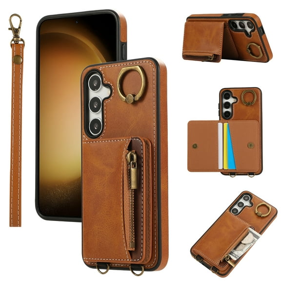 Wallet Case for Samsung Galaxy A13 5G, with Wrist Strap 360 Rotating Finger Ring Flip Zipper PU Leather Stand Card Slots Shockproof Drop Protective Phone Cover Girls Women Magnetic Buckle, Brown