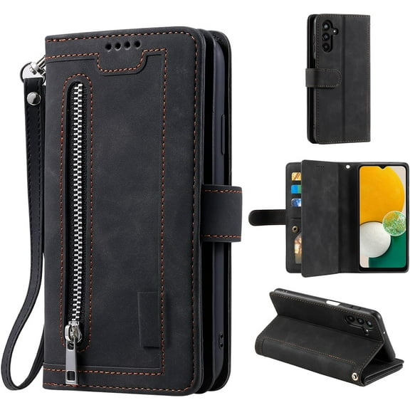 Wallet Case for Samsung Galaxy A13/A04s, Retro 9 Card Holder Slots Zipper Pocket Handbag Case PU Leather Magnetic Closure Kickstand with Wrist Strap TPU Flip Case for A13 5G/4G - Black