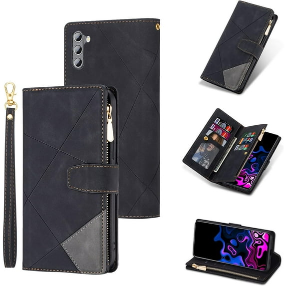 Wallet Case for Samsung Galaxy A13/A04s, Vintage Premium PU Leather Cover Flip Case for A13 5G/4G with Card Slots Magnetic Closure Zipper Pocket Kickstand Handbag with Hand Strap - Black