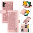 thumbnail image 1 of Wallet Case for Samsung Galaxy A14 5G, Bling Glitter Sparkly PU Leather Kickstand Flip Folio Wallet Purse Magnetic Handbag Zipper Pocket Phone Case with 9 Card Slots & Wrist Strap - Rose Gold, 1 of 14