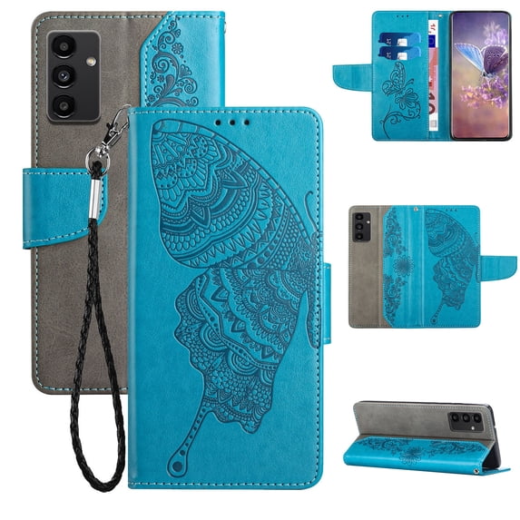 Wallet Case for Samsung Galaxy A14 5G, Butterfly Embossed Pattern Luxury PU Leather Magnetic Flip Folio Cover with Card Slots Holder Kickstand Wrist Strap Soft Silicone Shockproof Case,Blue