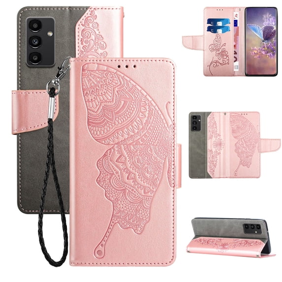 Wallet Case for Samsung Galaxy A14 5G, Butterfly Embossed Pattern Luxury PU Leather Magnetic Flip Folio Cover with Card Slots Holder Kickstand Wrist Strap Soft Silicone Shockproof Case,Rosegold