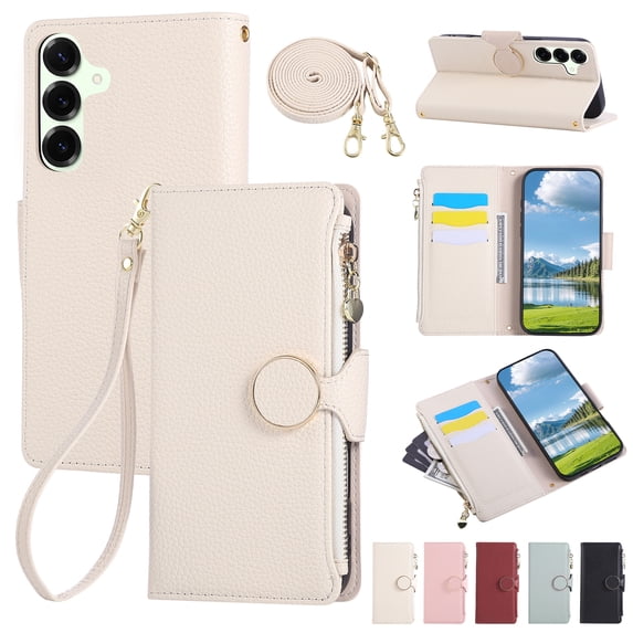 Wallet Case for Samsung Galaxy A14 5G with Card Holder PU Leather Magnetic Clasp Zipper Pocket Crossbody Phone Case with Wrist Strap Shoulder Strap Fit for Samsung Galaxy A14 5G, Beige