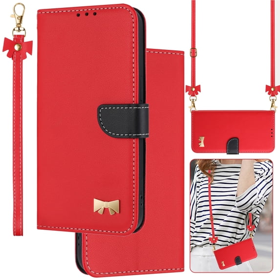 Wallet Case For Samsung Galaxy A14 5G Crossbody Strap & Short Hand Strap with RFID Blocking Credit Card Slots, Cute Bow Design Flip PU Leather Stand Magnetic Closure Phone Cover,Red