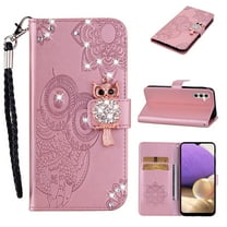 Wallet Case for Samsung Galaxy A14 5G, Embossed Owl Bling Diamond Premium PU Leather [Folio Flip][Kickstand][Card Slots][Wrist Strap][Kickstand]Phone Cover for Samsung Galaxy A14 5G, Rosegold