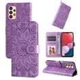 thumbnail image 1 of Wallet Case for Samsung Galaxy A14 5G, Exquisite Flower Embossed Pattern Magnetic Clasp PU Leather Flip Folio Cover with Kickstand Card Slots Holder Soft Silicone Shockproof Case,Purple, 1 of 8