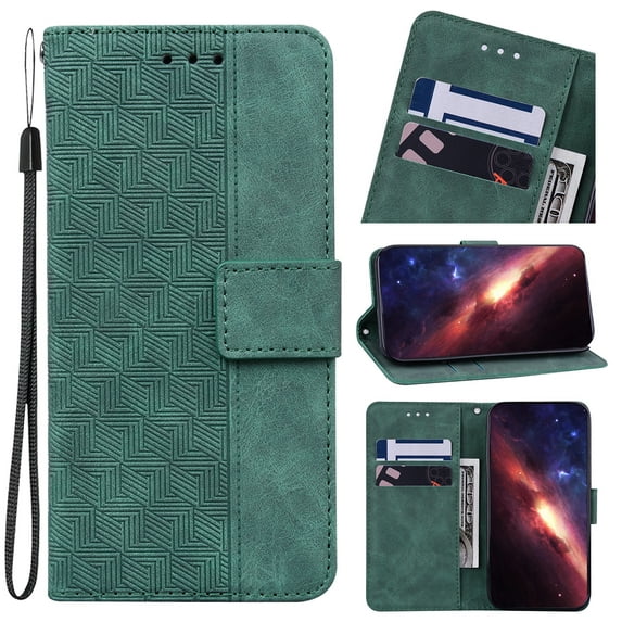 Wallet Case for Samsung Galaxy A14 5G, Geometric Embossed Pattern Card Slots Holder PU Leather Flip Folio Cover with Magnetic Clasp Kickstand Shockproof Case for Samsung Galaxy A14 5G,Green