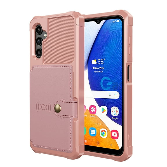 Wallet Case for Samsung Galaxy A14 5G Multifunctional Design Back Case, Rugged PC Luxury PU Leather Magnetic Car Mount Cover with Card Slots Holder Shockproof Lens Protective Case,Rosegold
