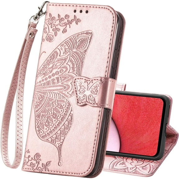 Wallet Case for Samsung Galaxy A14 5G,PU Leather Wallet Flip Protective Phone Case Wrist Strap Card Slots Holder Pocket Emboss Butterfly Flower Stand Case for Samsung Galaxy A14 5G Rose Gold
