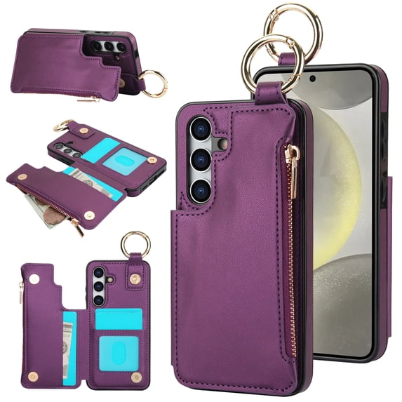 Wallet Case for Samsung Galaxy A14 5G with Shoulder Strap & RFID Blocking Card Slots Holder Kickstand & Finger Ring, Magnetic Flip Folio Zipper Purse Case, PU Leather Cover Handbag, Darkpurple