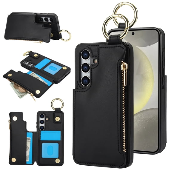 Wallet Case for Samsung Galaxy A14 5G with Shoulder Strap & RFID Blocking Card Slots Holder Kickstand & Finger Ring, Magnetic Flip Folio Zipper Purse Case, PU Leather Cover Handbag, Black