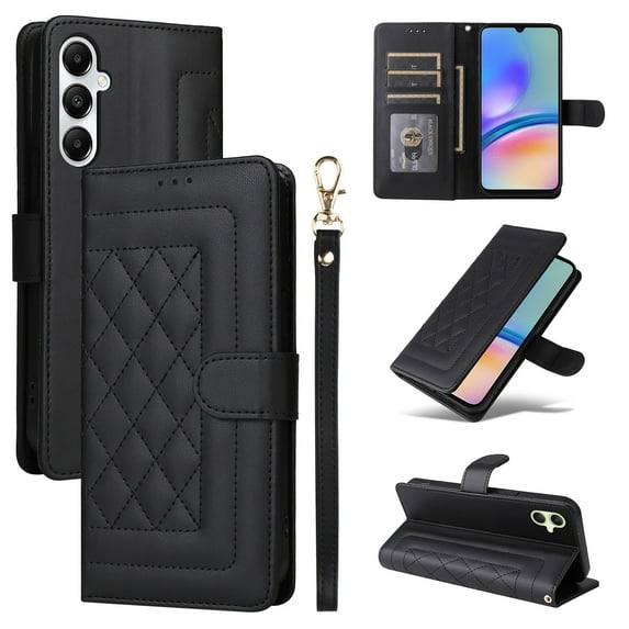 Wallet Case for Samsung Galaxy A14 5G, Vintage Wrist Strap Kickstand Credit Card Slots Magnetic Closure PU Leather Shockproof Drop Protective TPU Shell for Samsung Galaxy A14 5G, Black