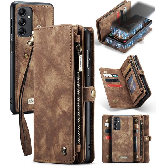 Wallet Case for Samsung Galaxy A14 5G, Zipper Purse Folio Leather Wallet with Card Holder Wrist Strap Detachable Magnetic Shockproof Protective Back Case for Samsung Galaxy A14 5G