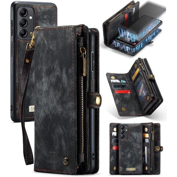 Wallet Case for Samsung Galaxy A14 5G, Zipper Purse Folio Leather Wallet with Card Holder Wrist Strap Detachable Magnetic Shockproof Protective Back Case for Samsung Galaxy A14 5G