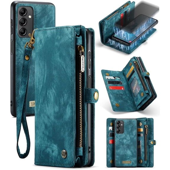 Wallet Case for Samsung Galaxy A14 5G, Zipper Purse Folio Leather Wallet with Card Holder Wrist Strap Detachable Magnetic Shockproof Protective Back Case for Samsung Galaxy A14 5G