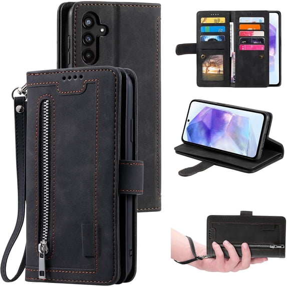 Wallet Case for Samsung Galaxy A15 4G/5G, 9 Card Slots Retro Leather Wallet Shockproof Flip Cover with Hand Strap Card Slots Zipper Pocket Kickstand Handbag Magnetic Closure - Retro Purple