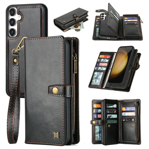 Wallet Case for Samsung Galaxy A15 5G, 2 In 1 Detachable Magnetic Cover Multiple Cards Slots Zipper Pocket RFID Blocking Stand Hand Strap Protective Phone Case for Women Men, Black