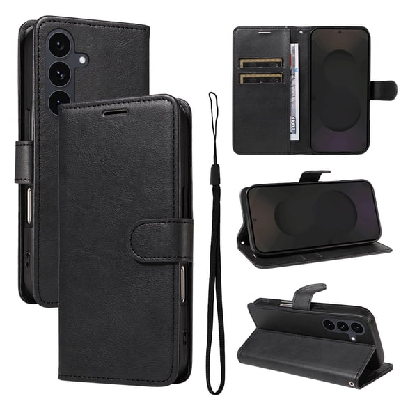 Wallet Case for Samsung Galaxy A15 with Card Holder, PU Leather Flip Folio Shell Wrist Strap Stand Function Magnetic Closure Shockproof Protective Phone Cover for Samsung Galaxy A15, Black