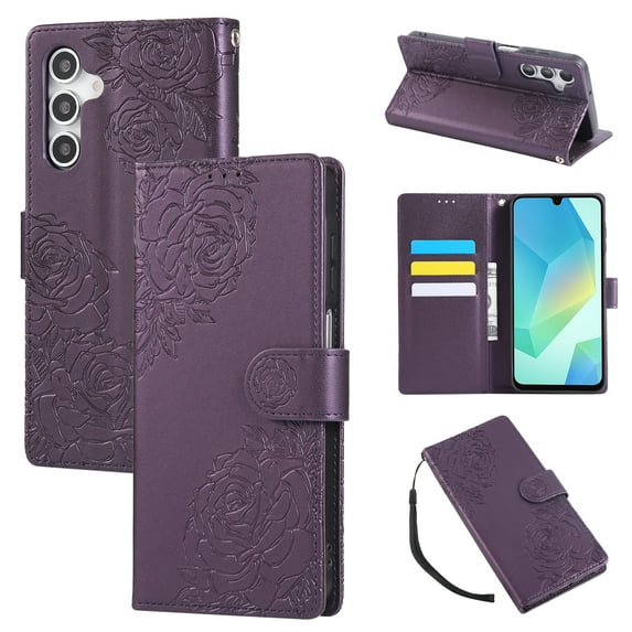 Wallet Case for Samsung Galaxy A15, Elegant PU Leather Phone Case with Card Slots, Kickstand Flip, Wrist Hand Strap, Magnetic Closure Flower Pattern Folio Cover for Samsung Galaxy A15, Darkpurple