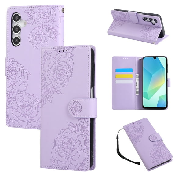 Wallet Case for Samsung Galaxy A15, Elegant PU Leather Phone Case with Card Slots, Kickstand Flip, Wrist Hand Strap, Magnetic Closure Flower Pattern Folio Cover for Samsung Galaxy A15, Purple