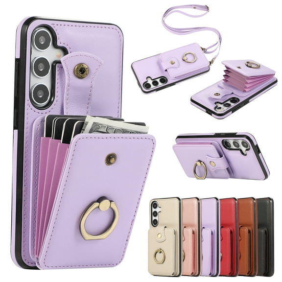 Wallet Case for Samsung Galaxy A15, Kickstand Ring Holder Premium PU Leather Case with Crossbody Strap,Card Holder Slot Money Pocket 360°Rotation Metal Ring Grip Kickstand Cover,Purple
