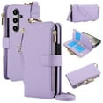 thumbnail image 1 of Wallet Case for Samsung Galaxy A15, PU Leather Flip Cover with RFID Blocking Card Slots Zipper Pocket, Hand Strap Kickstand Magnetic Clasp Finger Ring Detachable Crossbody Strap, Violet, 1 of 7