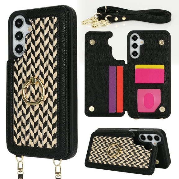 Wallet Case for Samsung Galaxy A15, PU Leather Purse with Crossbody Strap Pocket Card Slots Holder 360° Ring Kickstand Protective Cover for Women Case for A15, RFID Blocking, Black