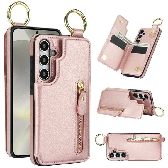 Wallet Case for Samsung Galaxy A15, Premium Vintage PU Leather Magnetic Closure Handbag Zipper Pocket Case Kickstand Card Holder Slots with Ring Hook Shockproof Flip Cover, Rosegold