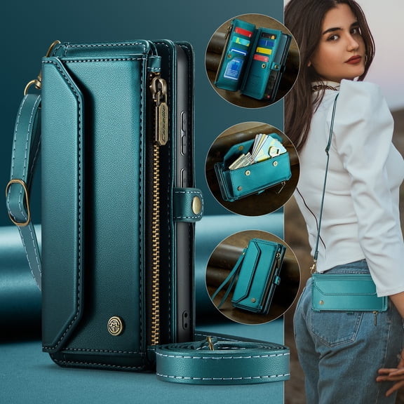 Wallet Case for Samsung Galaxy A16 5G, 3-in-1 Crossbody Phone Bag with RFID Blocking, 10 Card Slots & Zipper Purse, Premium PU Leather Flip Cover with Adjustable Shoulder Strap for Women
