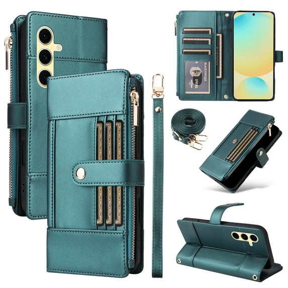 Wallet Case for Samsung Galaxy A16 5G/4G, PU Leather RFID Blocking Card Slots Zipper Pocket Magnetic Buckle Kickstand Shoulder Strap & Wrist Strap Rugged Phone Cover for Galaxy A16 5G/4G, Green