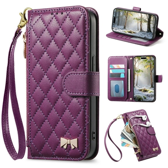 Wallet Case for Samsung Galaxy A16 5G/4G, Premium Lychee Texture PU Leather Magnetic Closure Zipper Pocket Case Kickstand Card Holder Slots with Wrist Strap TPU Shockproof Flip Phone Cover - Purple