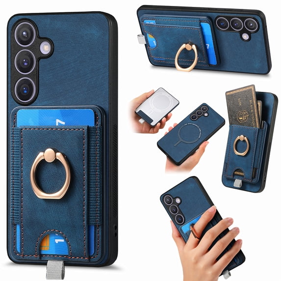 Wallet Case for Samsung Galaxy A16 5G with Detachable Card Holder, Rotation Ring Stand Case, Magnetic Vintage PU Leather Cover with Mag-Safe Shockproof Case for Samsung Galaxy A16 5G, Blue