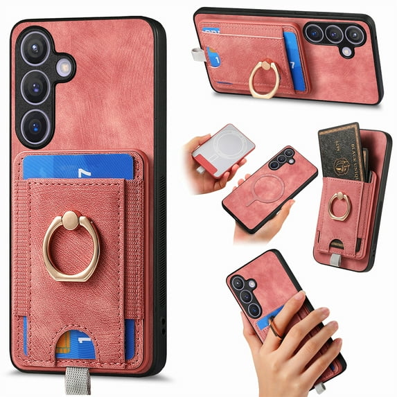 Wallet Case for Samsung Galaxy A16 5G with Detachable Card Holder, Rotation Ring Stand Case, Magnetic Vintage PU Leather Cover with Mag-Safe Shockproof Case for Samsung Galaxy A16 5G, Pink