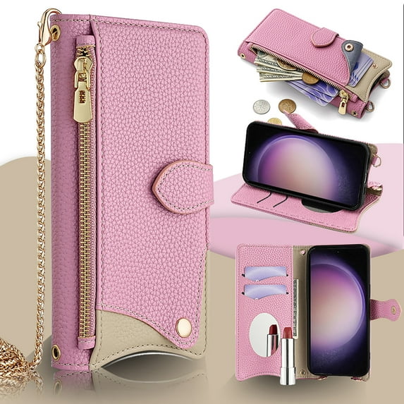 Wallet Case for Samsung Galaxy A16 5G with Makeup Mirror, Detachable Metal Shoulder Strap Cards Slots Zipper Pocket Shockproof Protective Phone Case for Samsung Galaxy A16 5G, Pink
