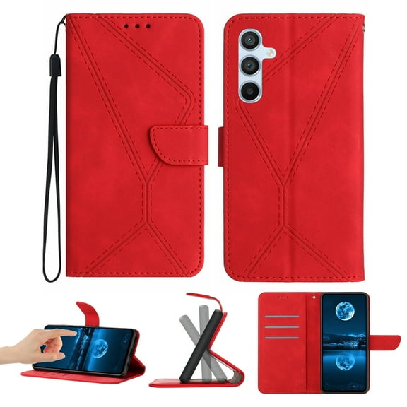 Wallet Case For Samsung Galaxy A16 5G, Wallet Case with [RFID Blocking] Leather Flip Folio Strong Magnetic Closure Cover Credit Card Holder with Hand Strap Kickstand Men Women,Red