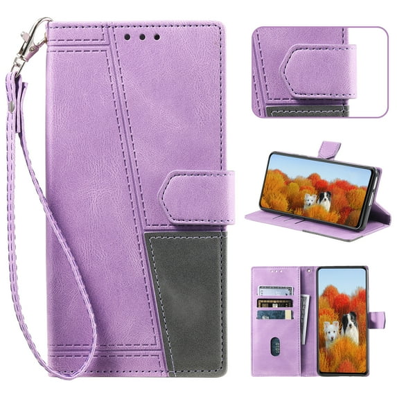 Wallet Case for Samsung Galaxy A16 5G with Wrist Strap,Classic Premium PU Leather Magnetic Clasp Flip Folio Case with RFID Blocking Credit Card Slots Kickstand Shockproof Full Body Cover,Purple