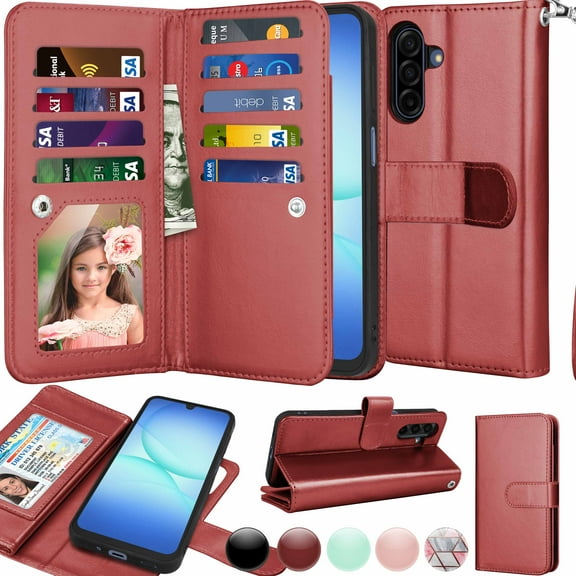 Wallet Case for Samsung Galaxy A17 5G 2025 Wallet Case ,[9 Card Slots] Luxury PU Leather Credit Holder Carrying Folio Flip [Detachable] Kickstand Magnetic Phone Cover & Lanyard [Wine]