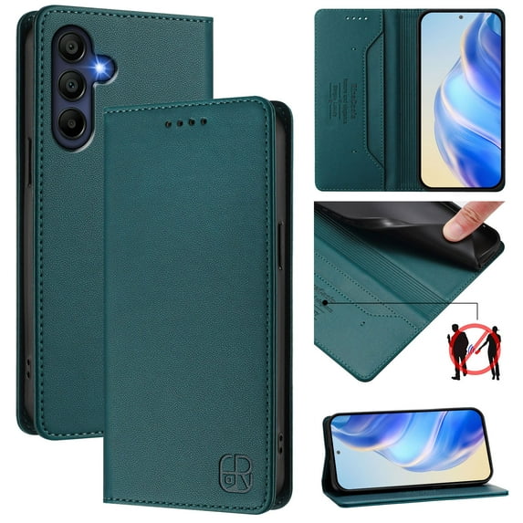 Wallet Case for Samsung Galaxy A17 5G with Card Holder, Business PU Leather Flip RFID Blocking Wallet Case with Wrist Strap Kickstand Protective Cover for Samsung Galaxy A17 5G, Darkgreen