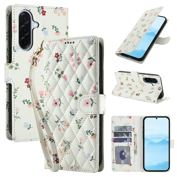 Wallet Case for Samsung Galaxy A17 5G, Flower PU Leather Durable Phone Case Kickstand Flip Case with Card Slots Wrist Strap Pattern Magnetic Closure Protective Case for Galaxy A17 5G - A