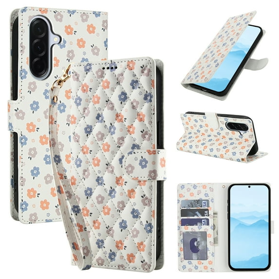 Wallet Case for Samsung Galaxy A17 5G, Flower PU Leather Durable Phone Case Kickstand Flip Case with Card Slots Wrist Strap Pattern Magnetic Closure Protective Case for Galaxy A17 5G - B